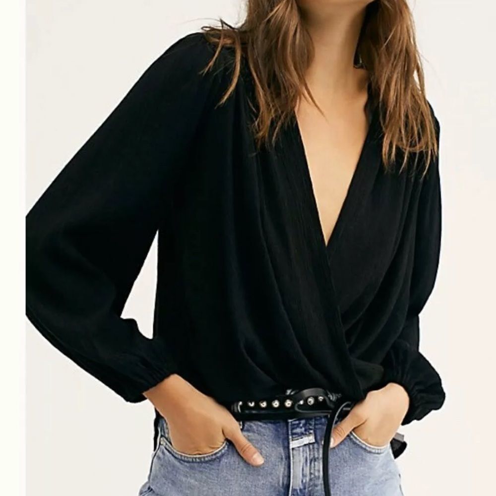 NWT Free People Check On It Wrap Drapy Top in Black